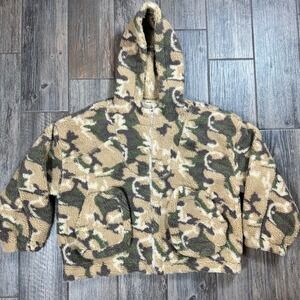 BiBi! Womens XL‎ Camo Camouflage Print Sherpa Full Zip Hooded Jacket